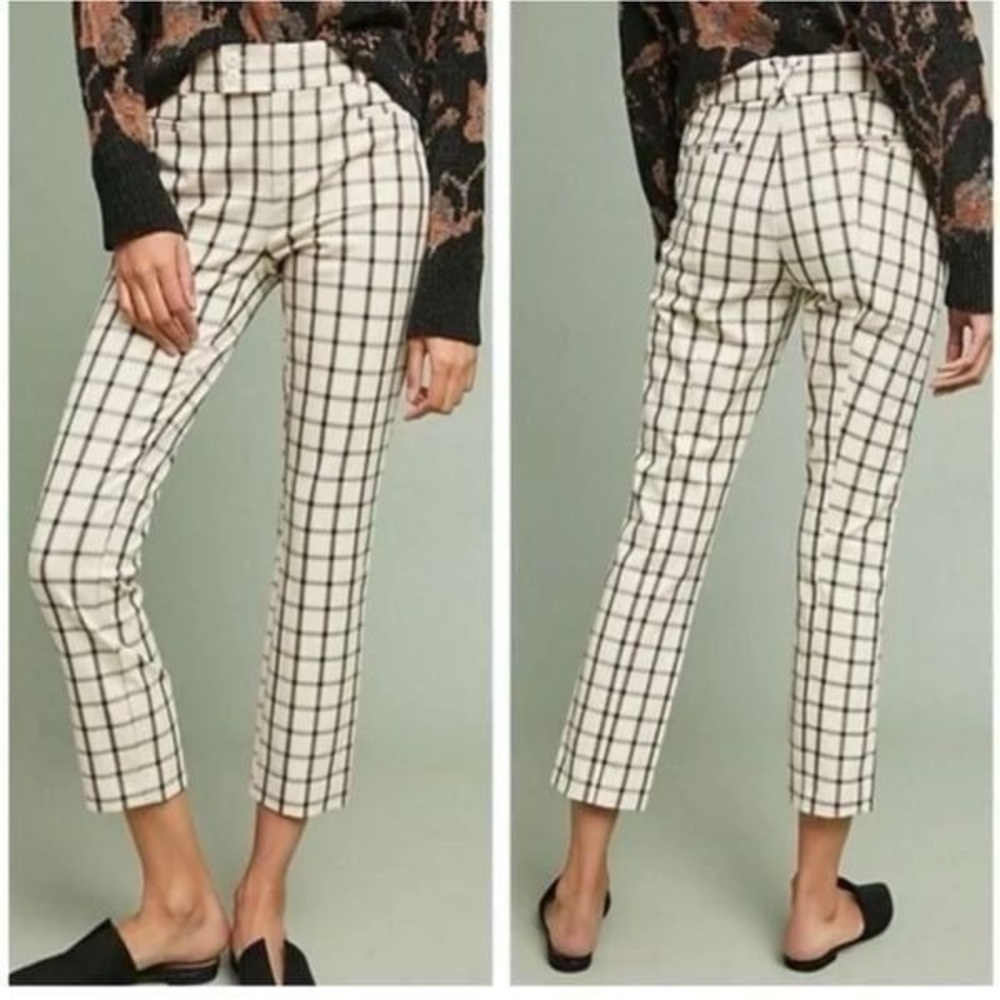 NWT Anthropologie Sz12 Slim Cropped Pant cream W/black/navy & tan stripes